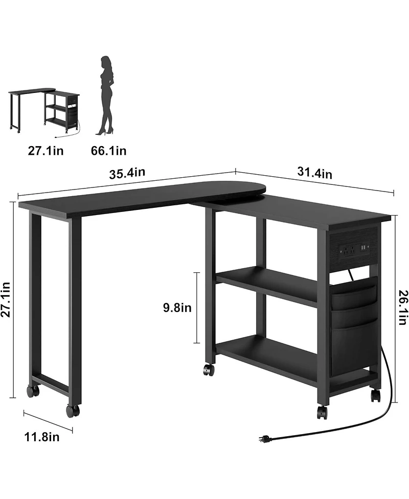 360 Rotating End Table with Charging Station, Swivel Side Table on Wheels with Brakes, Movable Sofa Table with Storage Bag for Living Room Bedroom