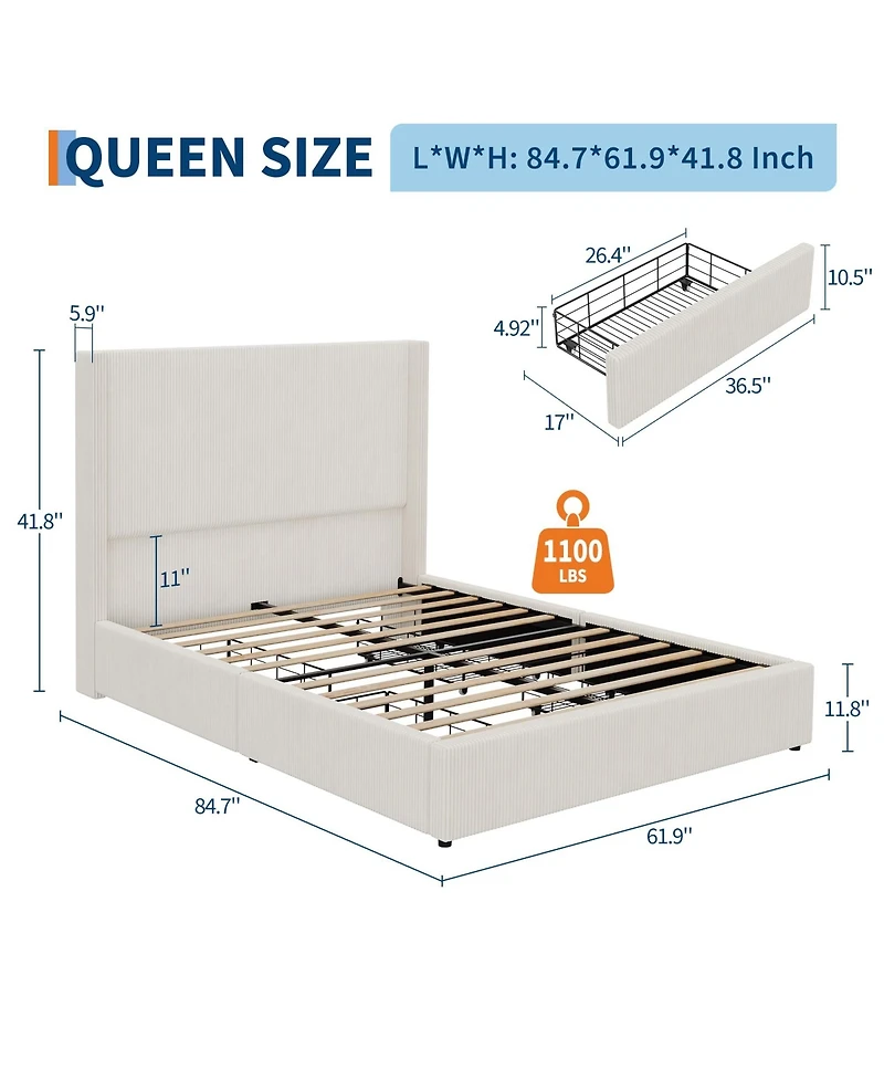 Homfan Upholstered Platform Bed Frame with Storage Drawers