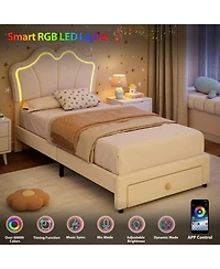 Homfan Bed Frame with Storage Drawer, Velvet Upholstered Platform Headboard and Led Light