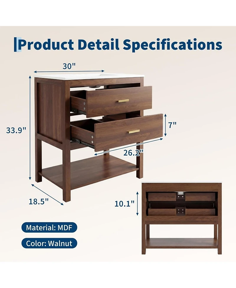 homfan 30" Modern Bathroom Cabinet with Sink, Ceramic Integral Basin, 2 Soft-Close Drawers and Open Shelf, Space-Saving Bathroom Storage Solution
