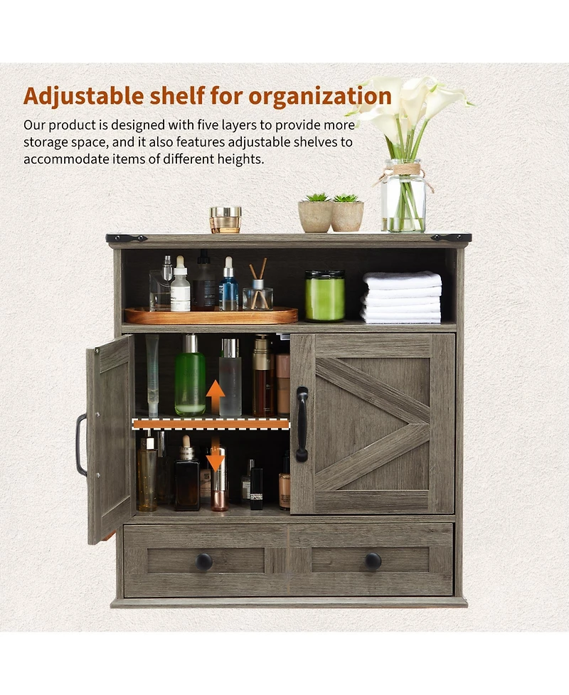 Homfan Farmhouse Wall Cabinet with Barn Doors and Adjustable Shelf, 25 Wide Bathroom Storage Organizer for Bath, Laundry Entryway