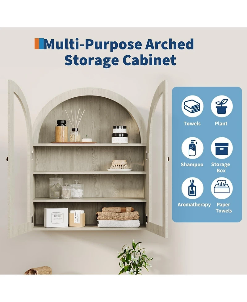 homfan Arched Bathroom Wall Cabinet with Glass Doors and Adjustable Shelves, Wood Over Toilet Storage Organizer for Bathroom and Laundry Room