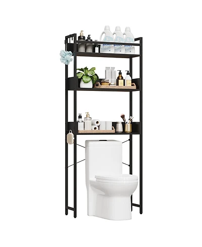 homfan 3 Tier Over Toilet Storage Rack with Shelf and Basket, Bathroom Space Saver Organizer with Wood Shelves and Metal Frame for Bath