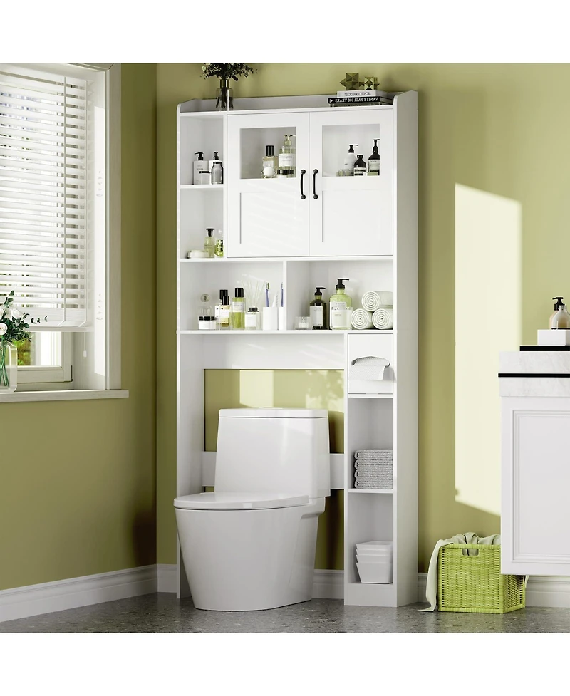 Homfan Over Toilet Storage Cabinet with Glass Doors and Adjustable Shelves, 67.4 in Tall Bathroom Organizer for Bath or Laundry
