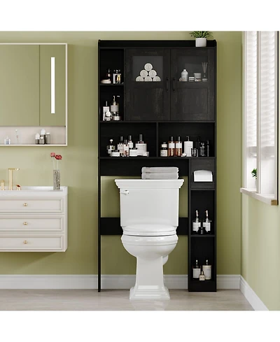 Homfan Over Toilet Storage Cabinet with Glass Doors and Adjustable Shelves, 67.4 in Tall Bathroom Organizer for Bath or Laundry