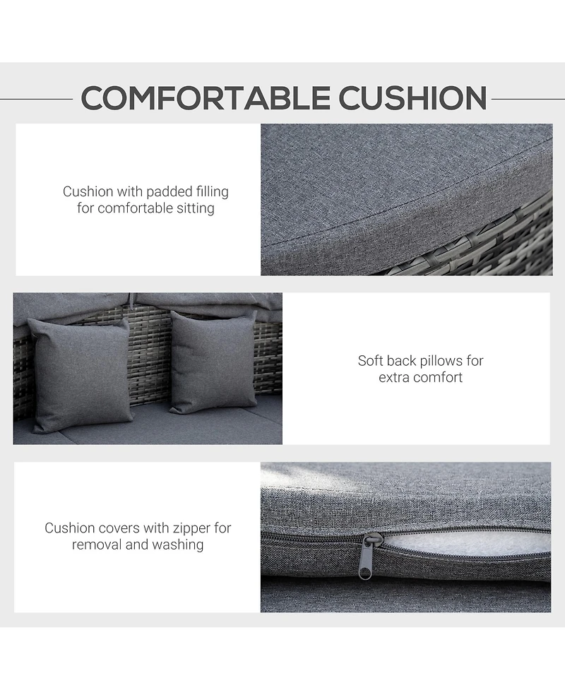 Outsunny 4-Piece Outdoor Rattan Furniture Set, Round Convertible Patio Daybed or Sunbed, Sectional Sofa with Canopy, Pillows, Cushions, Footrest, Tabl