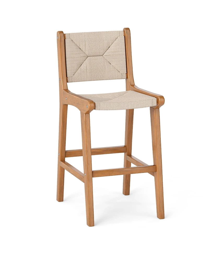 Gymax Outdoor Counter Height Bar Stool with Teak Wood Frame Back and Footrest for Balcony