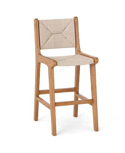Gymax Outdoor Counter Height Bar Stool with Teak Wood Frame Back and Footrest for Balcony
