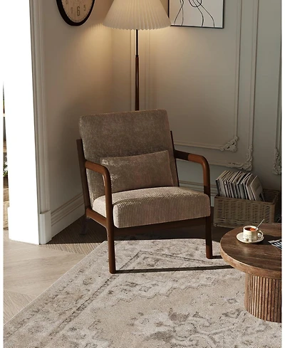 gaomon Mid-Century Modern Accent Chair, Wide-Wale Corduroy Upholstery, Solid Wood Armchair with Removable Lumbar Pillow, Sturdy Reading Chair.