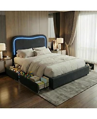 gaomon Boucle Bed Frame with 2 Storage Drawers, Led Upholstered Headboard Platform