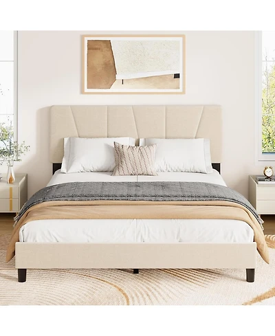 gaomon Linen Upholstered Platform Bed, Height Adjustable Headboard, Reinforced Wood Slats, No Box Spring Needed