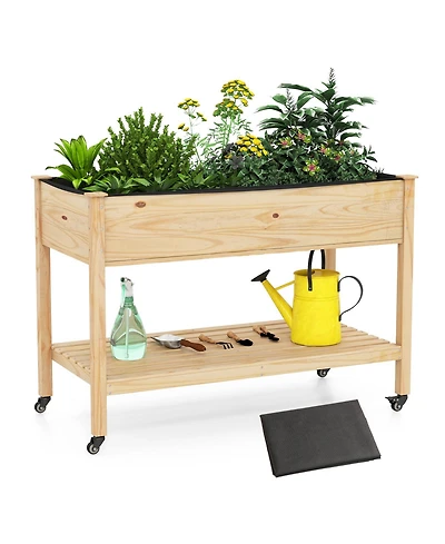 Gouun Mobile Pine Wood Raised Garden Bed with Lockable Wheels and Storage Shelf