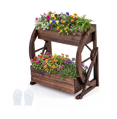 Gouun 2-Tier Rustic Carbonized Wood Wagon Planter with Drainage Holes