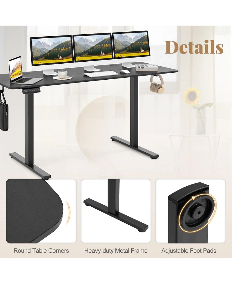 Gouun Electric Standing Desk with 3 Memory Heights and 2 Hanging Hooks and Cable Holes