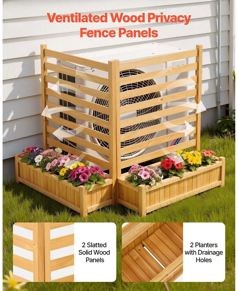 Gouun Wooden Privacy Fence with 2 Planters, 36 x 45 in Slatted Panel Outdoor Screen for Garden and Pool