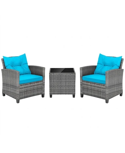 Gouun 3-Piece Wicker Conversation Set with Tempered Glass Side Table