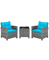 Gouun 3-Piece Wicker Conversation Set with Tempered Glass Side Table