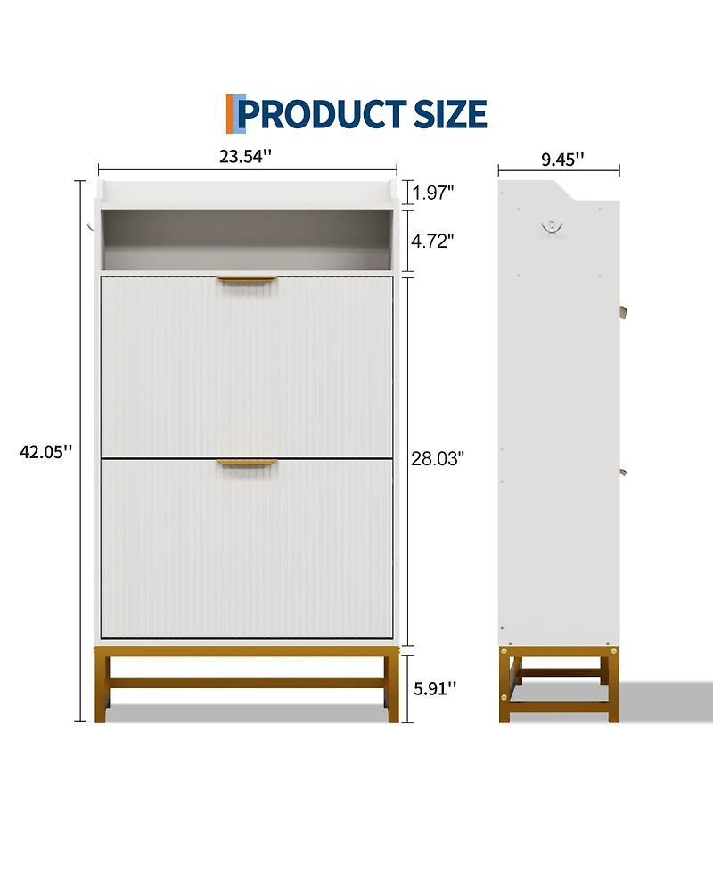 Homfan Fluted Shoe Cabinet with 2 Flip Drawers, Open Shelf and Metal Legs, Slim Entryway Storage for Hallway and Foyer