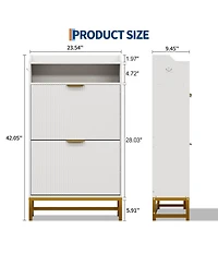 Homfan Fluted Shoe Cabinet with 2 Flip Drawers, Open Shelf and Metal Legs, Slim Entryway Storage for Hallway and Foyer