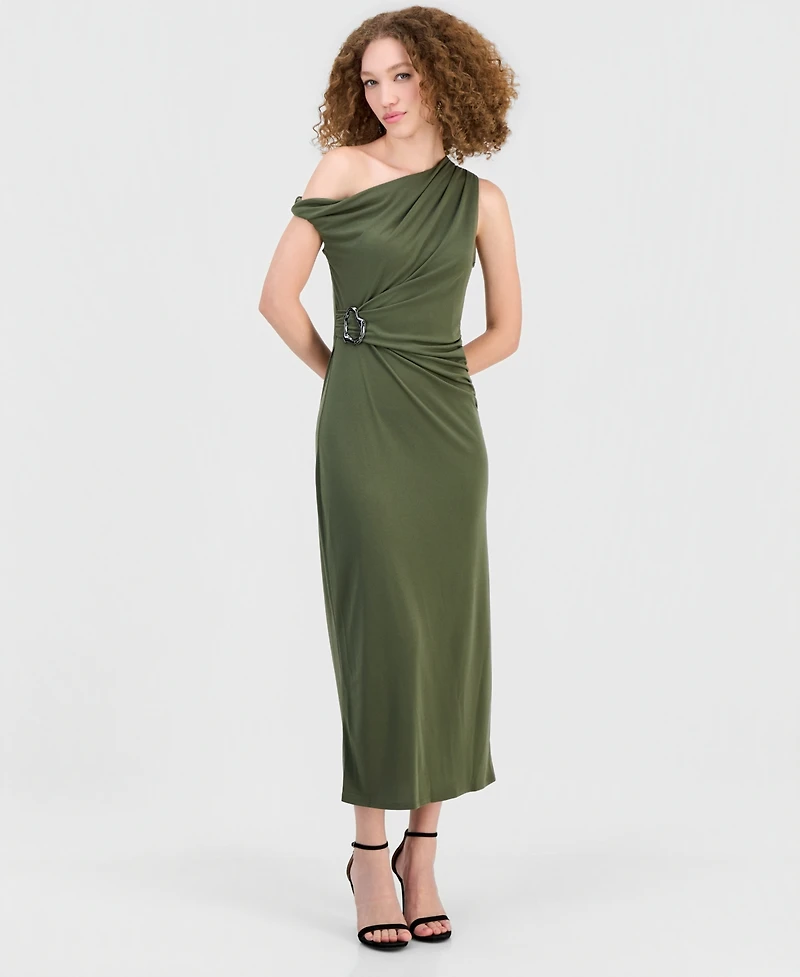 Robbie Bee Women's Asymmetrical Side-Ruched Midi Dress