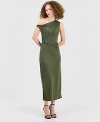 Robbie Bee Women's Asymmetrical Side-Ruched Midi Dress
