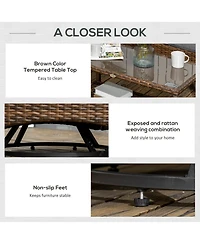 Outsunny 4 Piece Pe Wicker Patio Furniture Set, Conversation Set with 2 360° Swivel Rocking Armchairs, 1 Loveseat Sofa, Thick Cushions and Glass