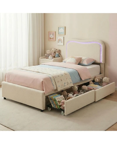 gaomon Twin Boucle Bed Frame with 2 Storage Drawers and Led Headboard, Upholstered Platform for Kids