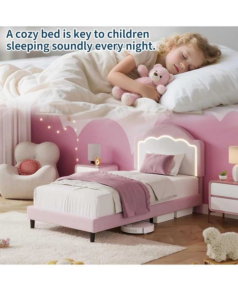 gaomon Upholstered Bed Frame with Led Lights and Adjustable Headboard, Sherpa Fabric Platform