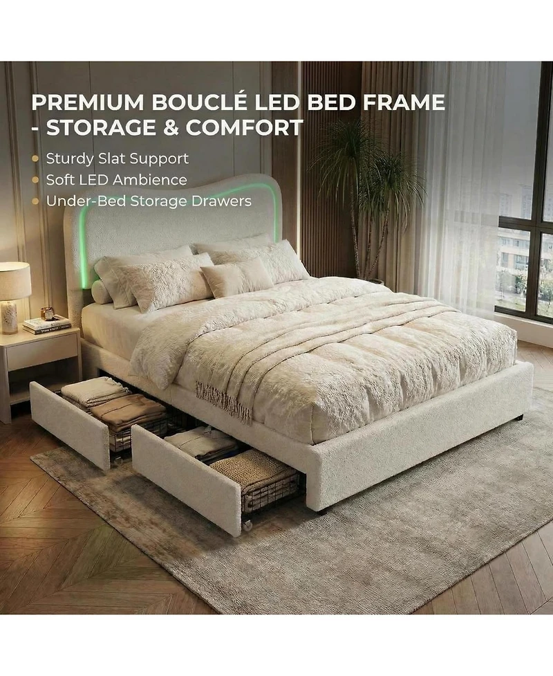 gaomon Full Boucle Bed Frame with 2 Storage Drawers, Led Upholstered Headboard Platform