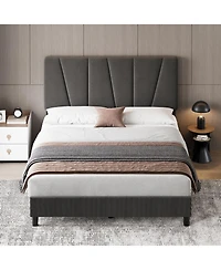 gaomon Linen Upholstered Platform Bed, Height Adjustable Tailored Headboard, Classic Bedroom Style