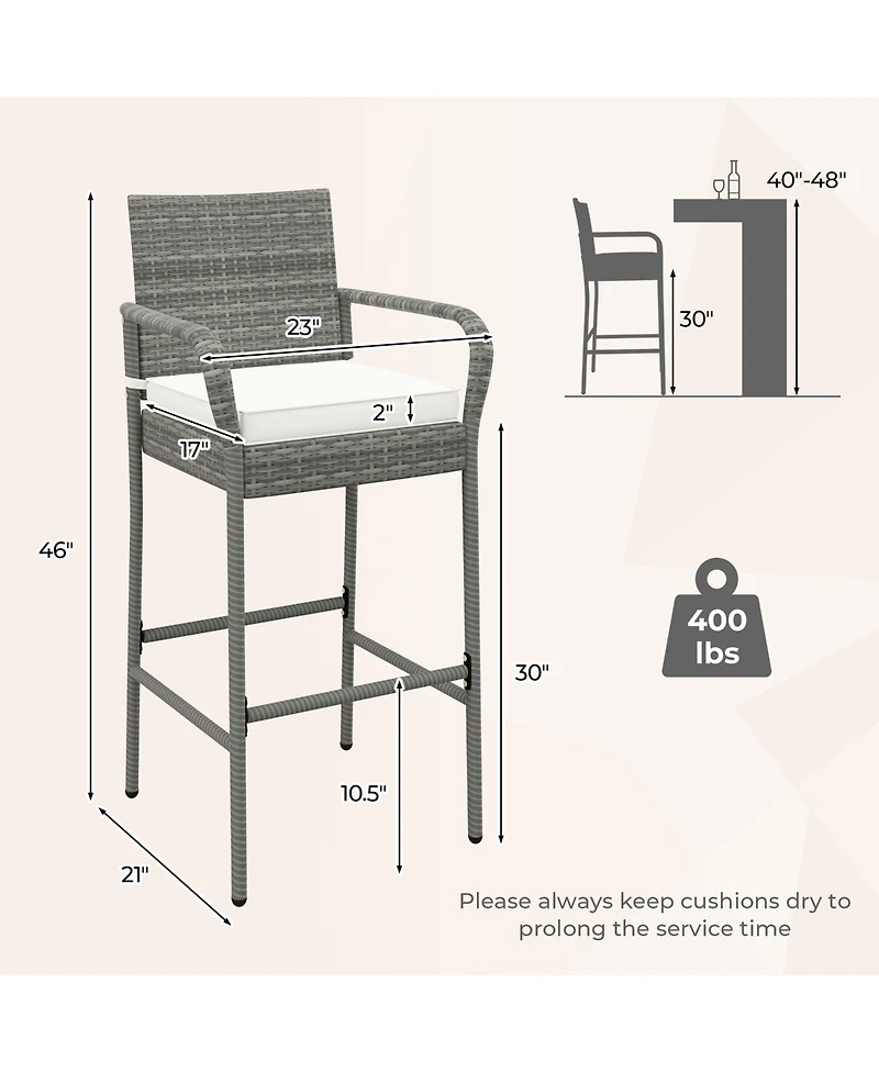 Gymax Set of 2 Rattan Patio Bar Stools Outdoor Bar Height Chairs w/ Cushions