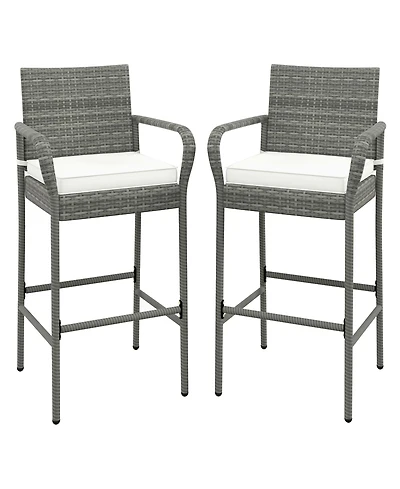 Gymax Set of 2 Rattan Patio Bar Stools Outdoor Bar Height Chairs w/ Cushions