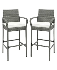 Gymax Set of 2 Rattan Patio Bar Stools Outdoor Bar Height Chairs w/ Cushions