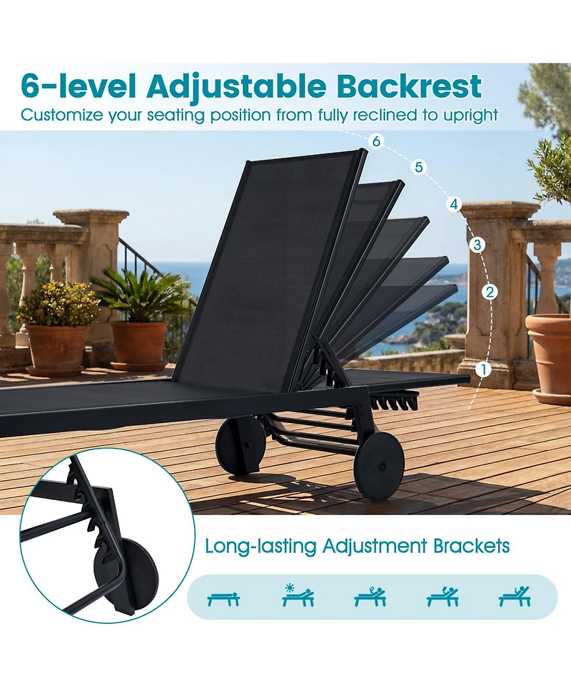 Slickblue Patio Chaise Lounge Chair with Wheels and 6-Level Adjustable Backrest Set of 1
