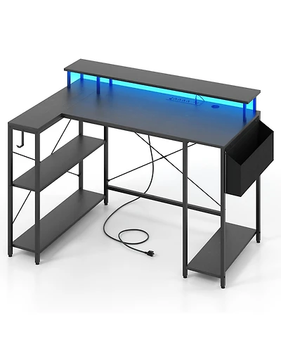 Gouun L-Shaped Gaming Desk with Led Lights and Power Outlets