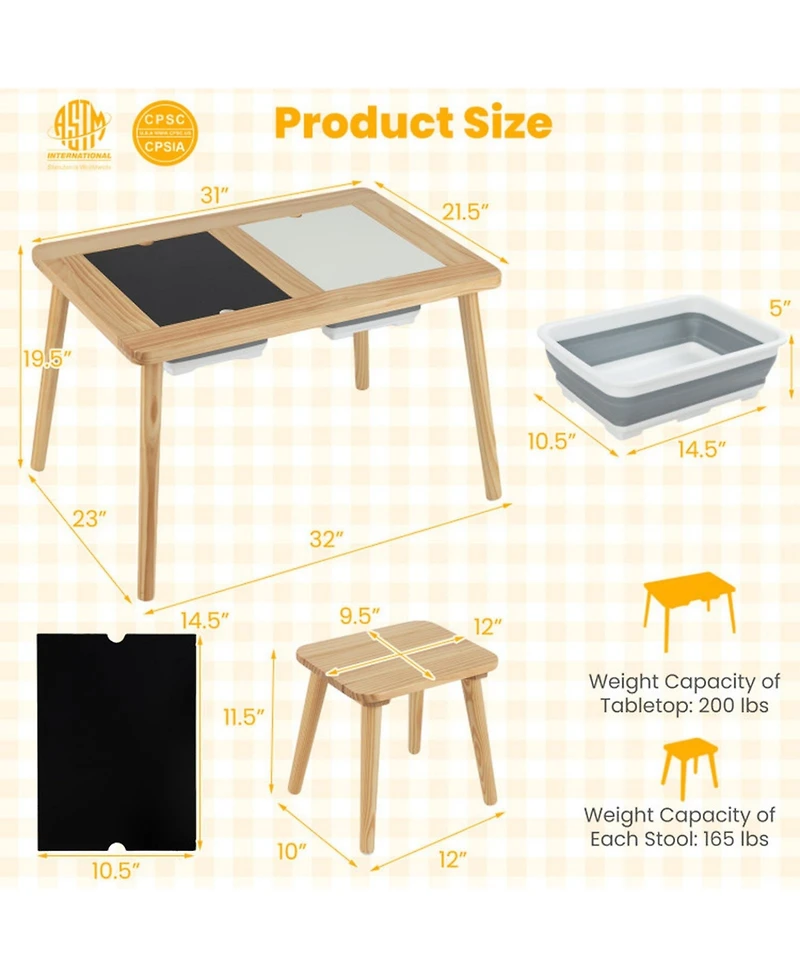 Gouun Kids Wooden Activity Table Set with Chalkboard and Foldable Bins
