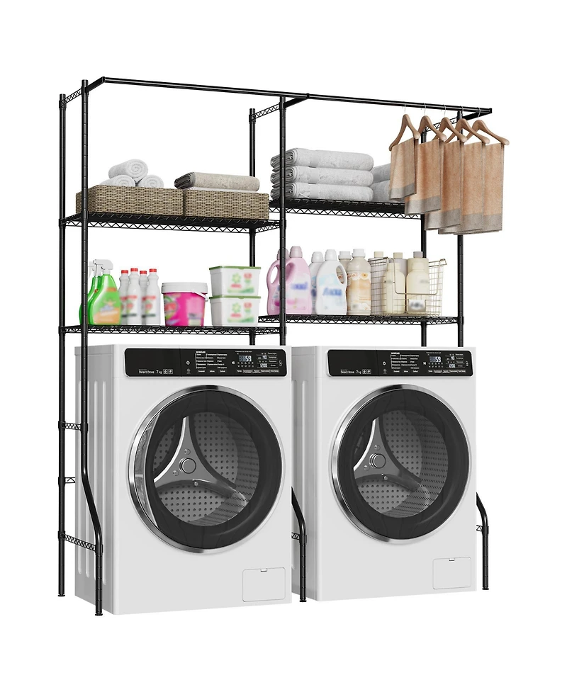 Homfan 4-Tier Over Washer and Dryer Storage Rack - Adjustable Metal Shelves with Clothes Drying Rods and Hooks