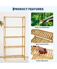 homfan 5-Tier Wide Bamboo Shelf Narrow Bathroom Shelf with Slatted Shelves Wood Plant Stand Standing Towel Rack Corner Rack