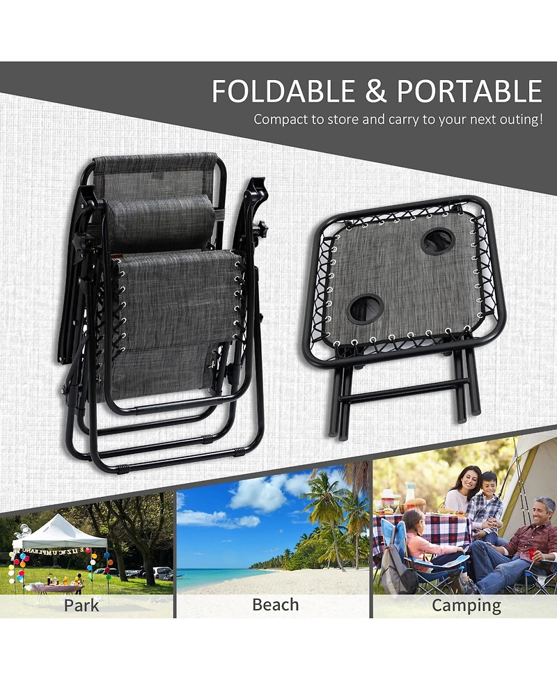 Outsunny 3-Piece Outdoor Chaise Lounger Chair Set, Folding Reclining Zero Gravity Chair with Side Table, Cup Holder and Headrest for Patio, Yard