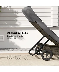 Outsunny Outdoor Reclining Lounge Chair, Pe Wicker, Rolling Wheels, Patio, Grey