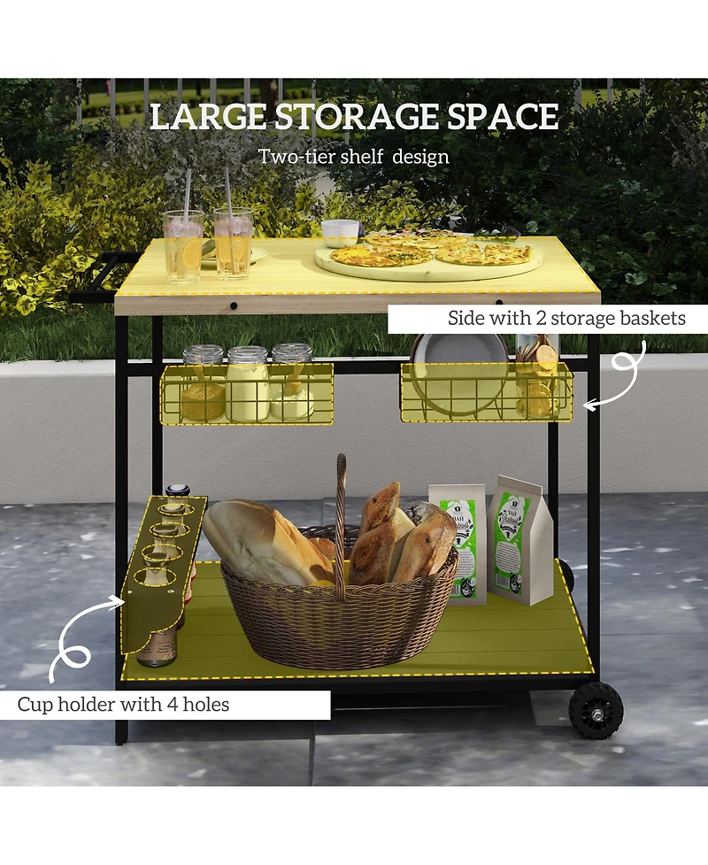 Outsunny Outdoor Bar Cart Patio Serving Cart with Wine Holders Natural