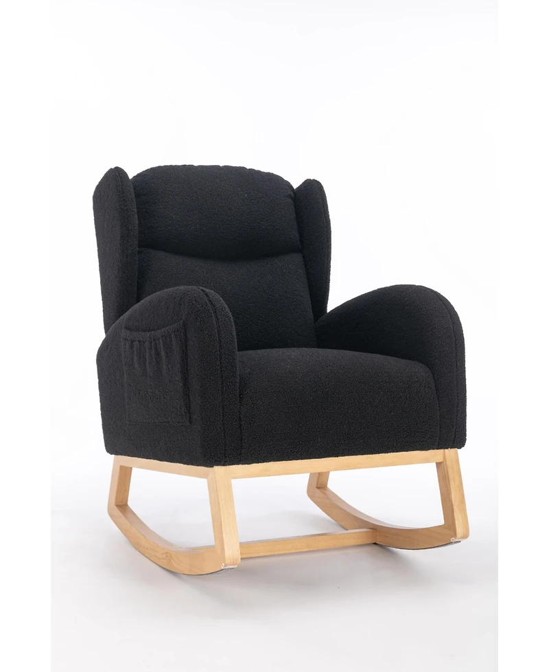 Flynama 1 Pc Teddy Fabric & Wooden Frame Built in Pocket Ergonomic Backrest Rocking Chair