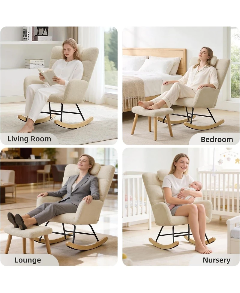 gaomon Nursery Rocking Chair,Teddy Upholstered Glider Rocking Chair with High Backrest,Nursery,Bedroom,Living Room,Office