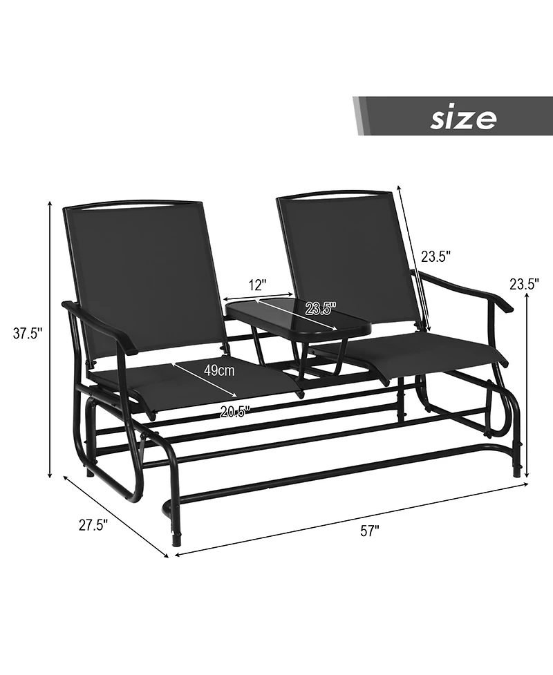Gymax Patio 2-Person Glider Rocking Chair Loveseat Garden w/ Tempered Glass Table