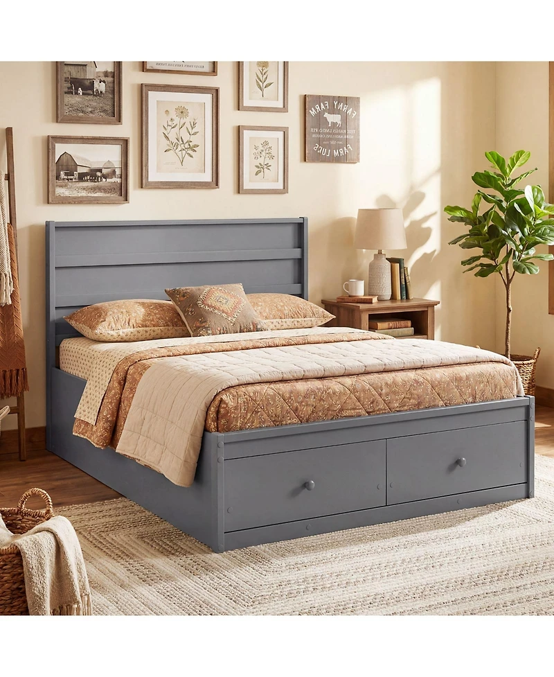 Gymax Full Bed Frame w/Storage Drawers Headboard Wooden Slat Support