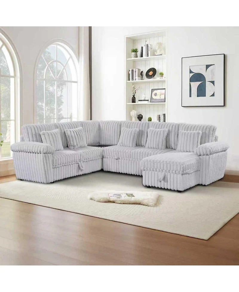 Streamdale Furniture 110" U-shaped corduroy sofa with storage, pull-out bed & coffee table