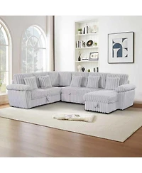 Streamdale Furniture 110" U-shaped corduroy sofa with storage, pull-out bed & coffee table