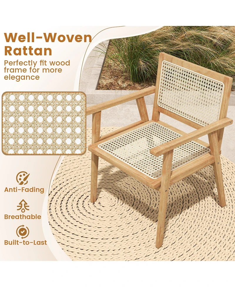 Gymax Wood Chair Teak Wood Armchair w/ Rattan Seat and Curved Backrest Patio