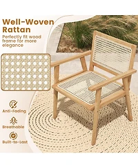 Gymax Wood Chair Teak Wood Armchair w/ Rattan Seat and Curved Backrest Patio