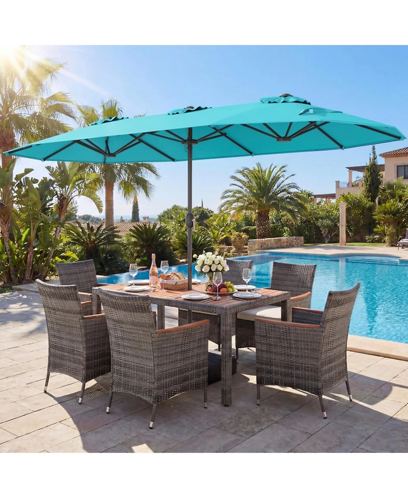 Gouun 8-Piece Patio Dining Set with 13.5 ft Market Umbrella, 59 in Table and 6 Rattan Chairs